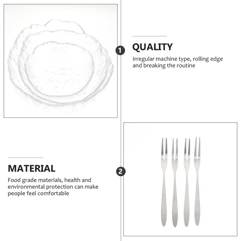 Hammered Texture Glass Salad Bowl Set with 4 Forks for Dessert Fruit Kitchen Tableware - Image 4