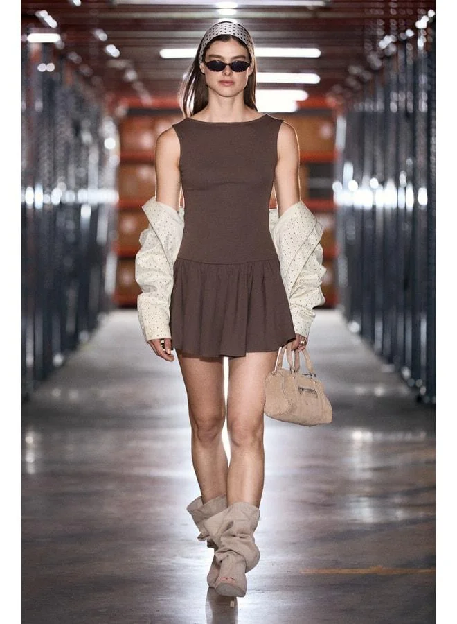 GRIMELANGE AIRE MINI Women's Soft and Stretch Fabric Body-Hugging Boat Neck Mini Brown Dress.