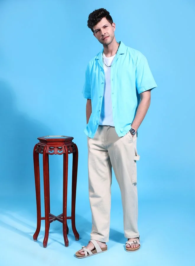 The Indian Garage Co Men Relaxed Fit Solid Half Sleeves Cuban Collar Resort Wear Shirt
