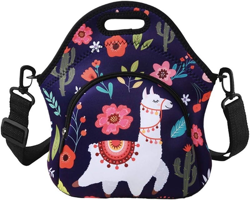 Violet Mist Neoprene Lunch Bag Reusable Insulated Cartoon Alpaca Snack Bags, 12.6"L x 11.8"H x 6.10"W, Adjustable Shoulder Strap, Waterproof, Eco-Friendly - Image 1