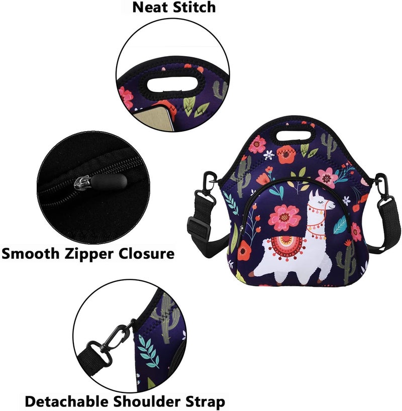 Violet Mist Neoprene Lunch Bag Reusable Insulated Cartoon Alpaca Snack Bags, 12.6"L x 11.8"H x 6.10"W, Adjustable Shoulder Strap, Waterproof, Eco-Friendly - Image 4