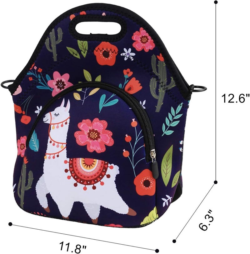 Violet Mist Neoprene Lunch Bag Reusable Insulated Cartoon Alpaca Snack Bags, 12.6"L x 11.8"H x 6.10"W, Adjustable Shoulder Strap, Waterproof, Eco-Friendly - Image 2