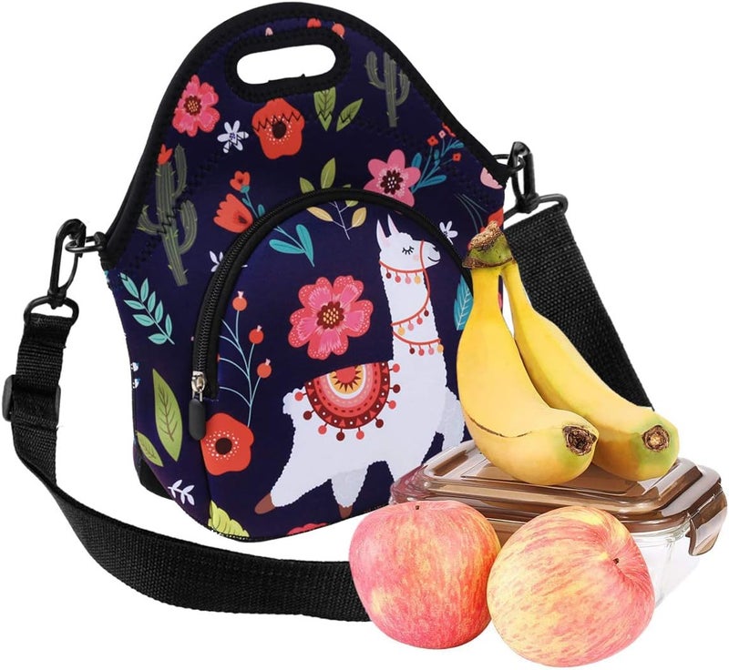 Violet Mist Neoprene Lunch Bag Reusable Insulated Cartoon Alpaca Snack Bags, 12.6"L x 11.8"H x 6.10"W, Adjustable Shoulder Strap, Waterproof, Eco-Friendly - Image 3