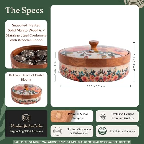 Brick Brown ® Wooden Pastel Flora Enamel Coated Masala Box for Kitchen | Spice Box | Spice Jars | Spice Rack & Masala Dani Organizer Storage Box with 7 Containers and 1 wooden spoon (8.3x4.2 inch) - Image 5