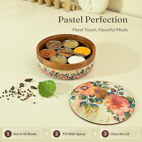 Brick Brown ® Wooden Pastel Flora Enamel Coated Masala Box for Kitchen | Spice Box | Spice Jars | Spice Rack & Masala Dani Organizer Storage Box with 7 Containers and 1 wooden spoon (8.3x4.2 inch) - Image 2