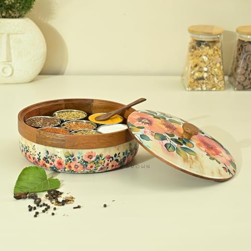 Brick Brown ® Wooden Pastel Flora Enamel Coated Masala Box for Kitchen | Spice Box | Spice Jars | Spice Rack & Masala Dani Organizer Storage Box with 7 Containers and 1 wooden spoon (8.3x4.2 inch) - Image 1
