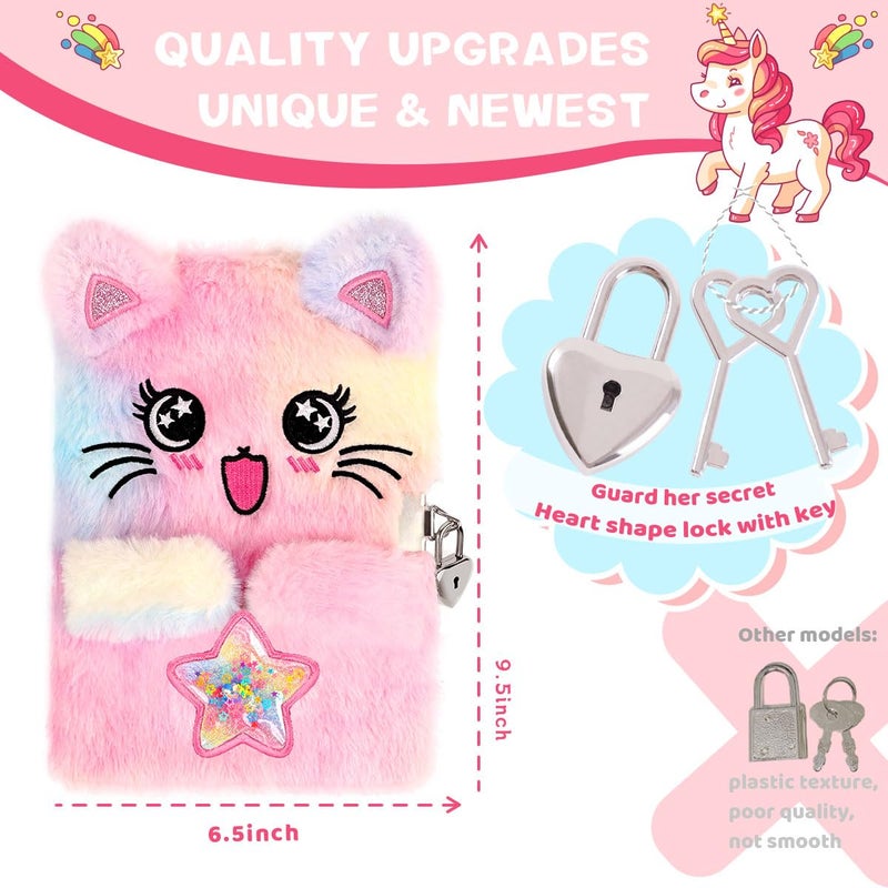 PrinBarBee Cat Diary for Girls with Lock and Keys,Tie-Dye Fuzzy Journal for Kids,Hardcover Fluffy Locking Notebook for Writing and Drawing,4-12 Year Old Girl Birthday (A Star-Cat) - Image 2