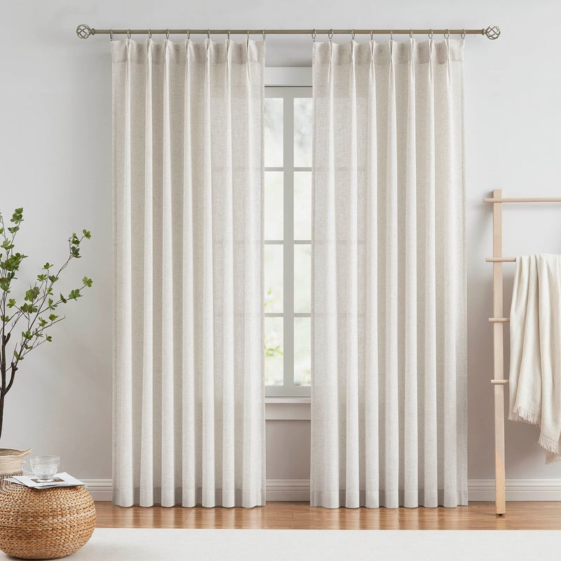 Vision Home Natural Pinch Pleated Semi Sheer Curtains Textured Linen Blended Light Filtering Window Curtains 84 inch for Living Room Bedroom Pinch Pleat Drapes with Hooks 2 Panels 42" Wx84 L - Image 1