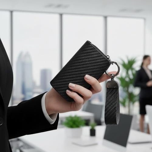 KMH Premium T-Carbon Car Key Wallet Bag | Smart Keychain Holder with Metal Hook Keyring Zipper Bag | Wallet for Key Holder Cover Shell Case Pouch Holder Key Fob Protector (Black) - Image 2
