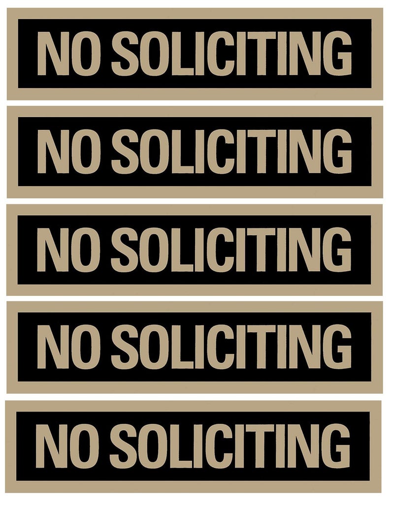 D STICKY COMPANY Headline SelfStick NO Soliciting Sign 2x8 Inch Black and Gold Pack of 5 Easy Adhesive Backing Durable and WeatherResistant for Home Office Business and Outdoor Use 