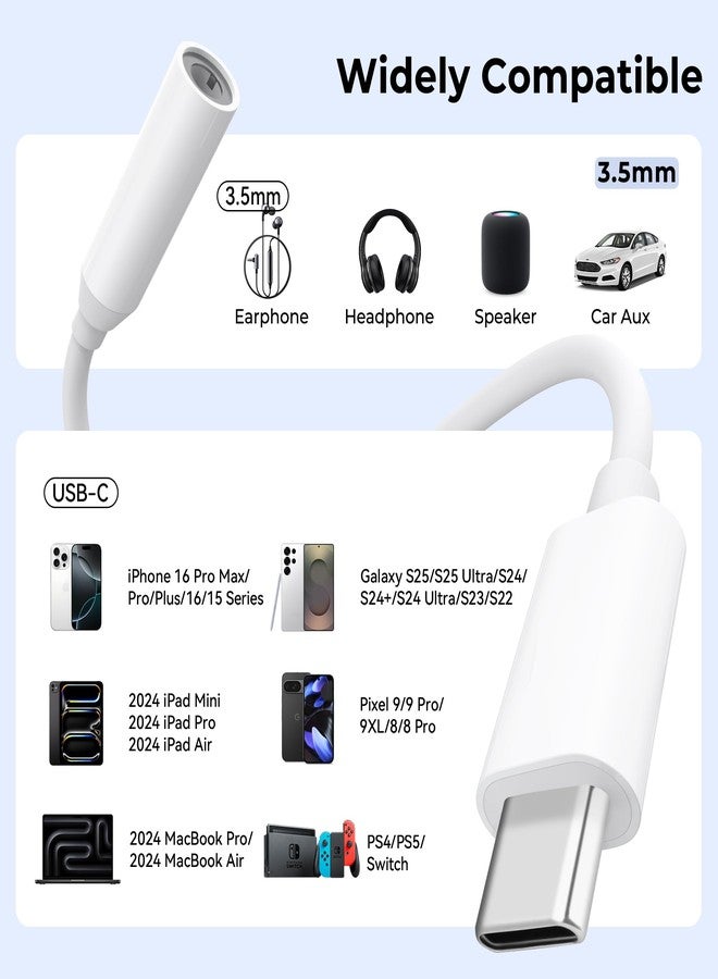 Vanjua USB C to 3.5mm Headphone Jack Adapter, Type-C to 3.5mm Aux Audio Dongle Cable Cord for iPhone 16/16 Pro/16e/15 Pro Max/Plus, Samsung Galaxy S25/S24/S23, Google Pixel 9 8 7 (White+White) - Image 5