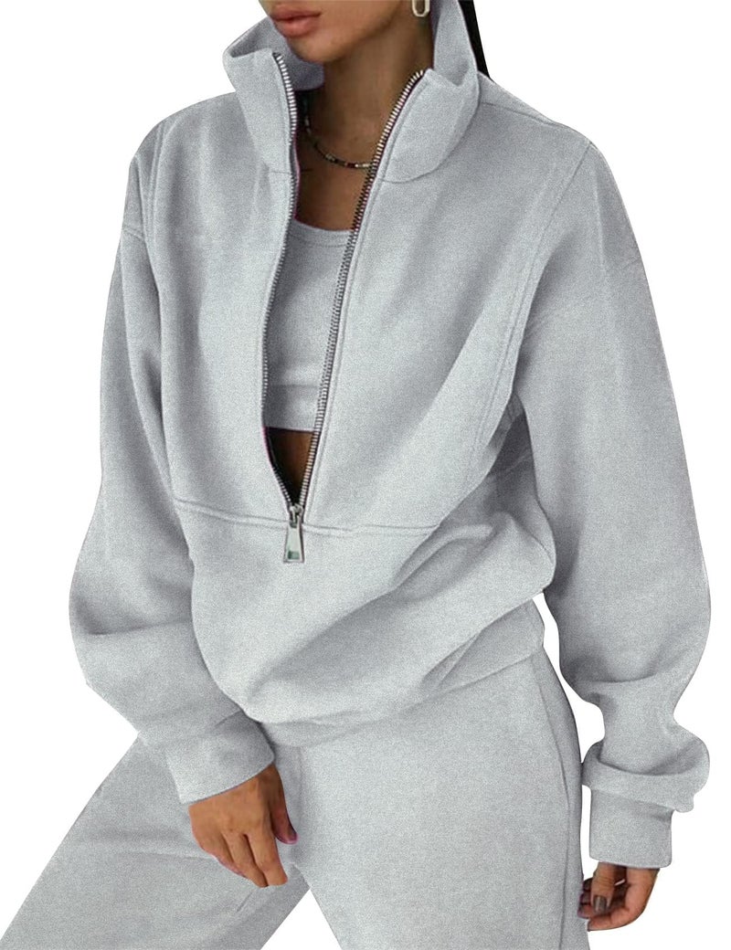 Eisctnd Womens Fleece 2 Piece Sweatsuit Lounge Set Long Sleeve Sweatshirt Jogger Pants Tracksuit Sweatsuit 2024 Fall Sets(Grey-S) - Image 1