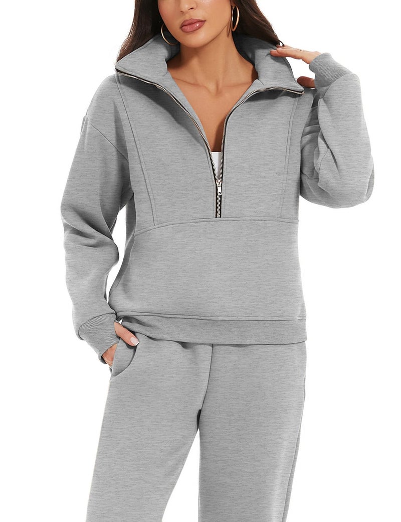 Eisctnd Womens Fleece 2 Piece Sweatsuit Lounge Set Long Sleeve Sweatshirt Jogger Pants Tracksuit Sweatsuit 2024 Fall Sets(Grey-S) - Image 3