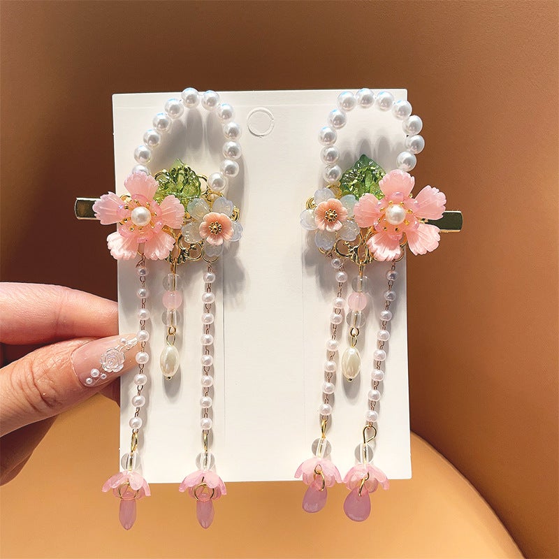 Generic New Childrens Antique Hair Accessories Flower Butterfly Antique Headwear Retro Tassel Streaming Belt Hanfu Hairpin Tang Clothing Accessories 70 pearl pink flowers (pair)