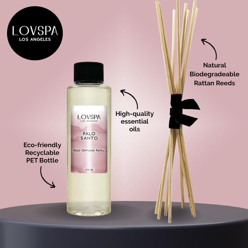 لوف سبا Lovspa Palo Santo Reed Diffuser Diffuser Oil divill مع عصي القصب البديلة | رائحة بالو سانتو الخشب الدافئ العنبر والمسك الناعم 4 أوقية | صنع في الولايات المتحدة - Image 2