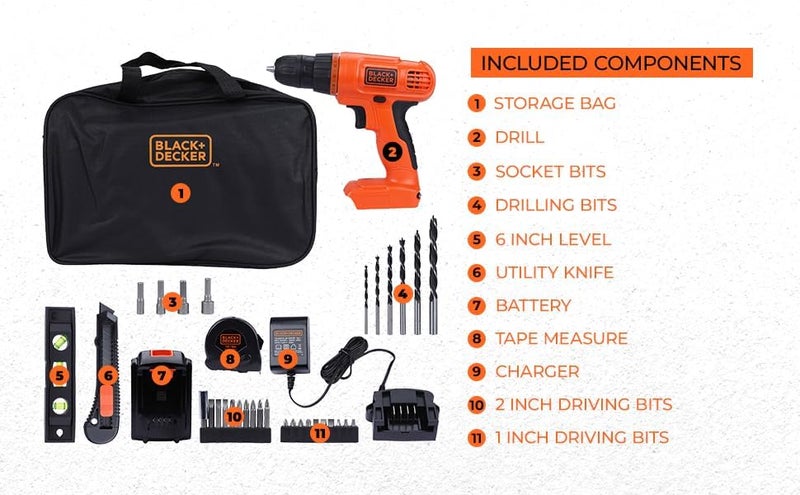 BLACK+DECKER 20V MAX Drill & Home Tool Kit, 34 Piece (BDCD120VA), Orange - Image 4