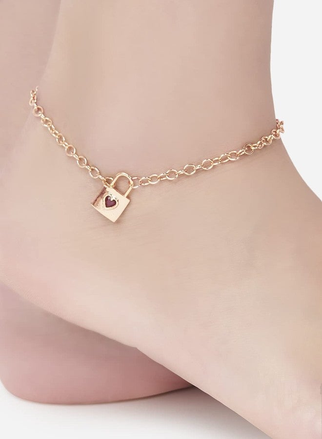 مينوتيا خلخال أنيق قابل للتعديل من مينوتيا، بتصميم قفل وحجر على شكل قلب، للنساء والفتيات - ذهبي وردي | هدية مثالية للأحباب | الحجر الأحمر يرمز إلى الياقوت - حجر الحب - Image 3