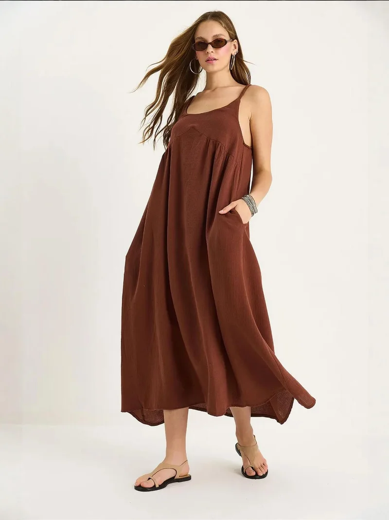 Bianco Lucci LUCCI Textured Muslin Midi Dress with Pocket