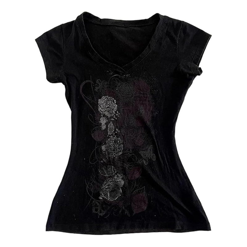 Grunge Shirts 2000s Clothing Women Vintage Graphic Tees Y2k Short Sleeve Goth Tops Teens Emo Clothes Streetwear (Black Purple,Medium)