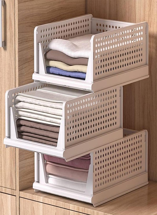 LEAWALL منظم تخزين قابل للطي والتكديس من LEAWALL بثلاث طبقات | منظم للمطبخ، وخزانة الملابس، ومكتب العمل، وأدوات التجميل | سلال بلاستيكية (أبيض، كبير) - Image 2