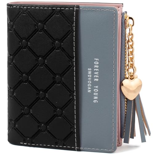 KOTORA Womens Small Wallet Girls Tiny Slim Wallets Pretty Mini Card Holder Thin Short Zip Coin Purse with Love Pendant and Tassels (Z-Black) - Image 1