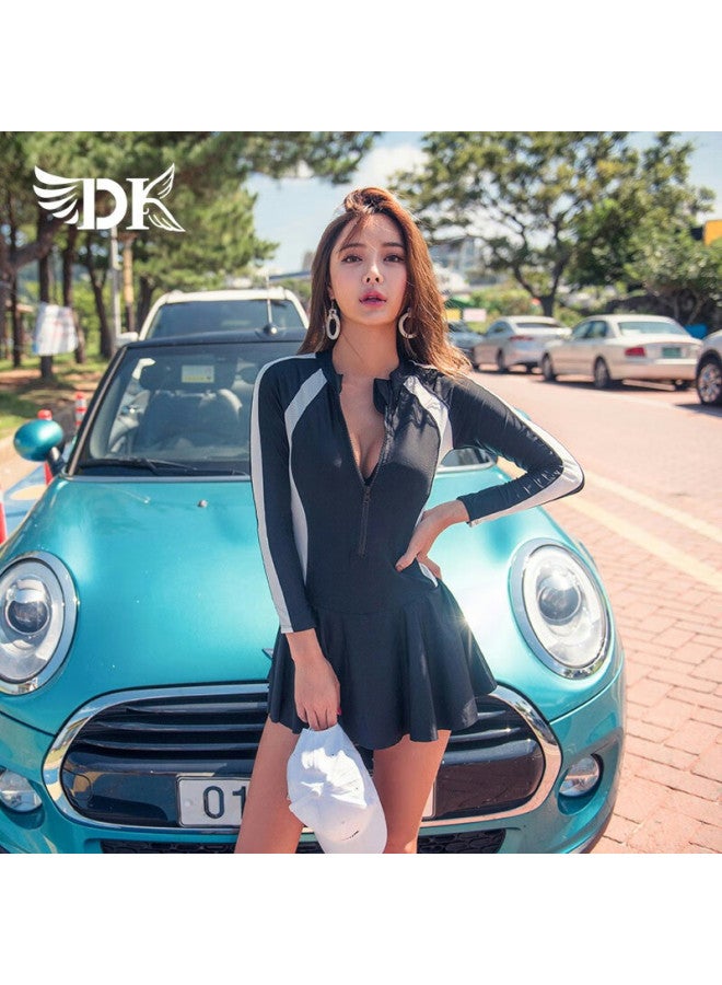 Dk Swimsuit For Women, Small Chest Push-up, Korean Style, Suitable For Hot Springs, Conservative, Tummy-covering, Slimming One-piece Swimwear, Black, M - Image 1