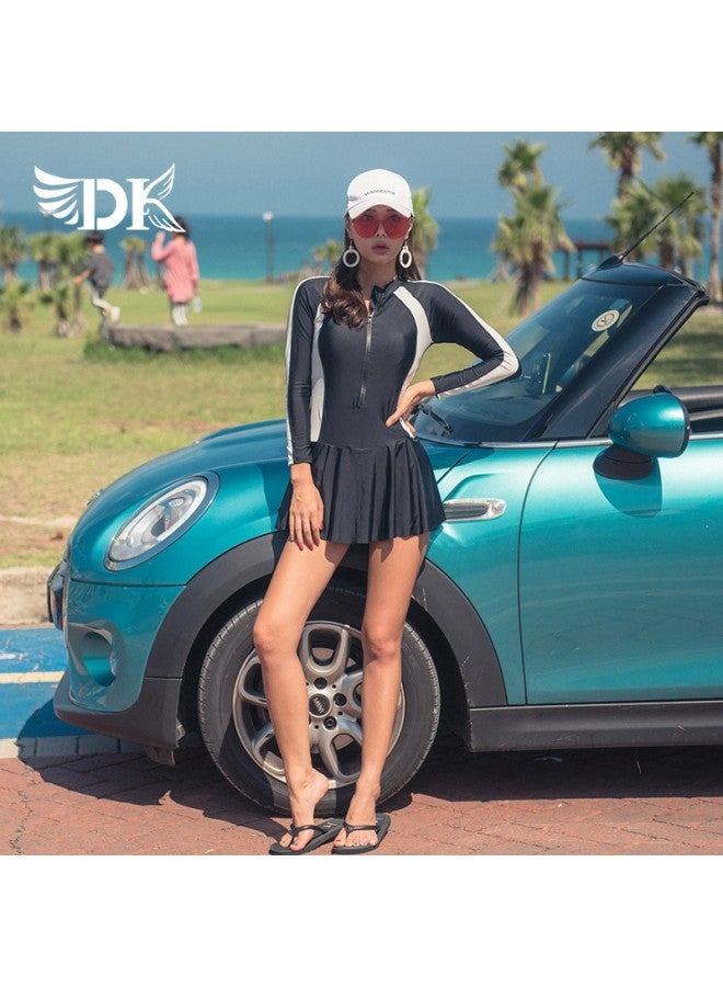 Dk Swimsuit For Women, Small Chest Push-up, Korean Style, Suitable For Hot Springs, Conservative, Tummy-covering, Slimming One-piece Swimwear, Black, M - Image 3