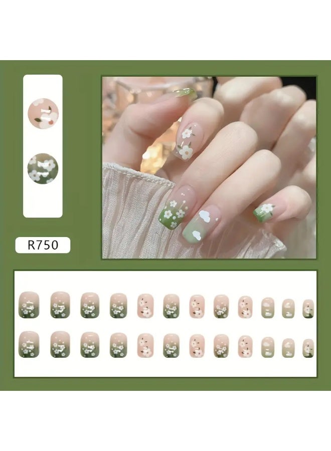 يوكانبي ملصقات أظافر زهرية خضراء وبيضاء لطيفة - 24 قطعة لزينة الأظافر بخاصية الالتصاق الذاتي لفن أظافر سهل - Image 1