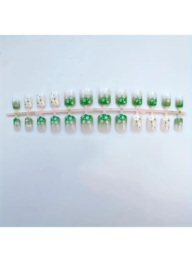 يوكانبي ملصقات أظافر زهرية خضراء وبيضاء لطيفة - 24 قطعة لزينة الأظافر بخاصية الالتصاق الذاتي لفن أظافر سهل - Image 3