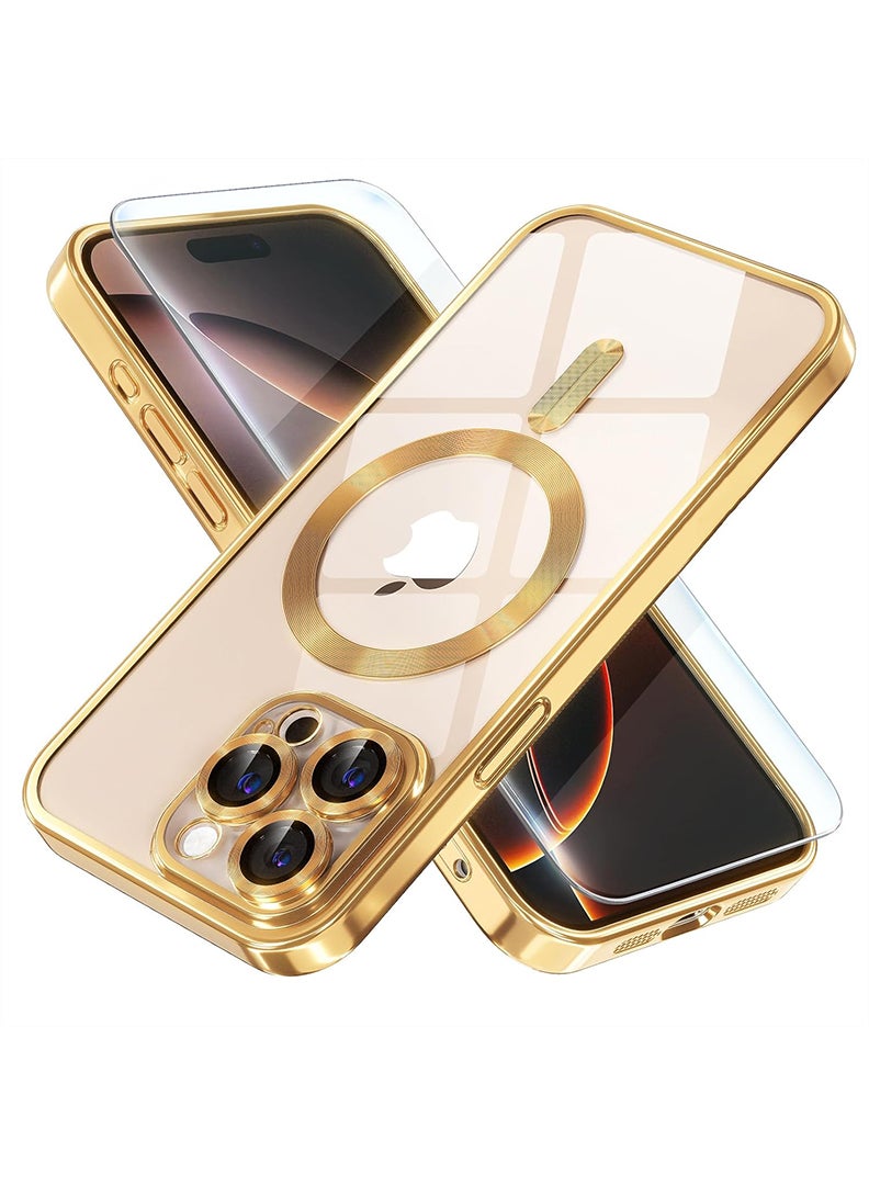 Theodor Magnetic Case for iPhone 15 Pro Max with MagSafe Drop Protection Full Camera Lens Protector And Clear Screen Protector Soft Clear Phone Case 6.7 inch - Gold - Image 1