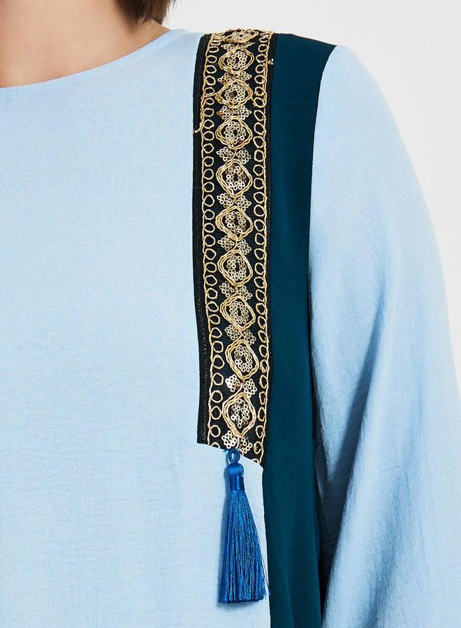 Styli Contrast Side Panel Jalabiya with Tassel Trim