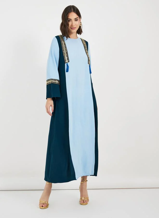 Styli Contrast Side Panel Jalabiya with Tassel Trim