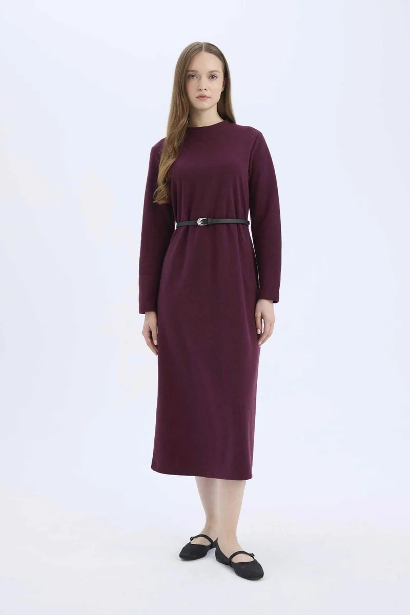 ديفاكتو Regular Fit Crew Neck Belted Selanik Fabric Maxi Dress