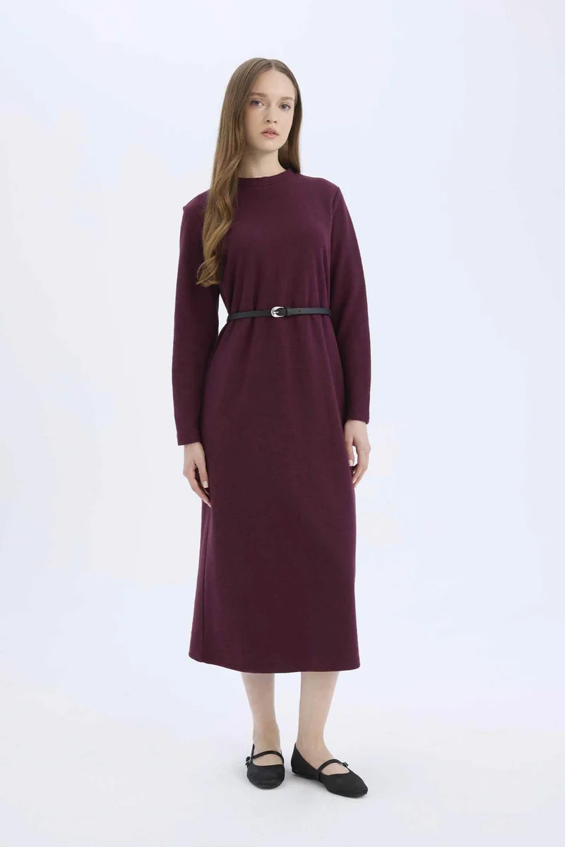 ديفاكتو Regular Fit Crew Neck Belted Selanik Fabric Maxi Dress