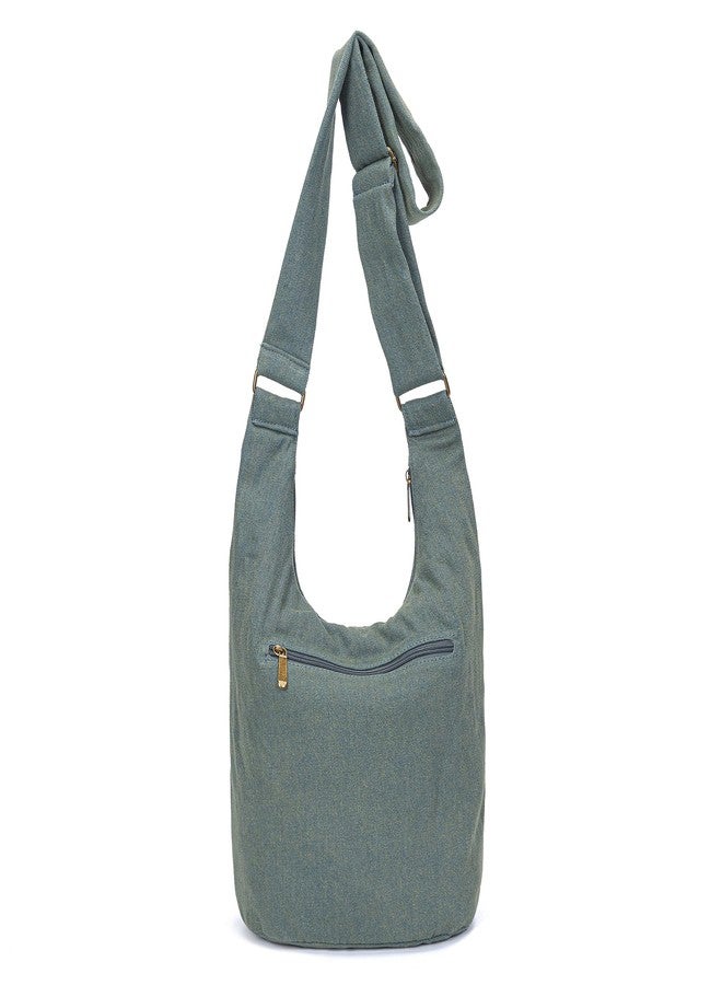 Coton Pose Women's large capacity Hippie Crossbody Bag Top Zip Large Size Canvas Sling Bag Jacquard cloth Handmade Bags (Denim Green) - Image 2