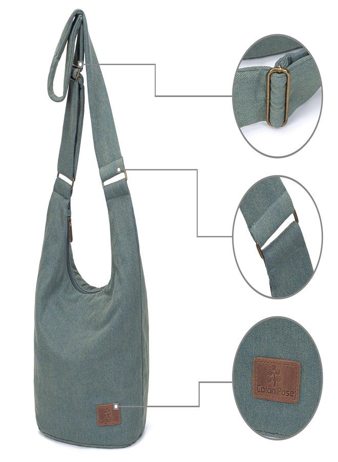 Coton Pose Women's large capacity Hippie Crossbody Bag Top Zip Large Size Canvas Sling Bag Jacquard cloth Handmade Bags (Denim Green) - Image 3