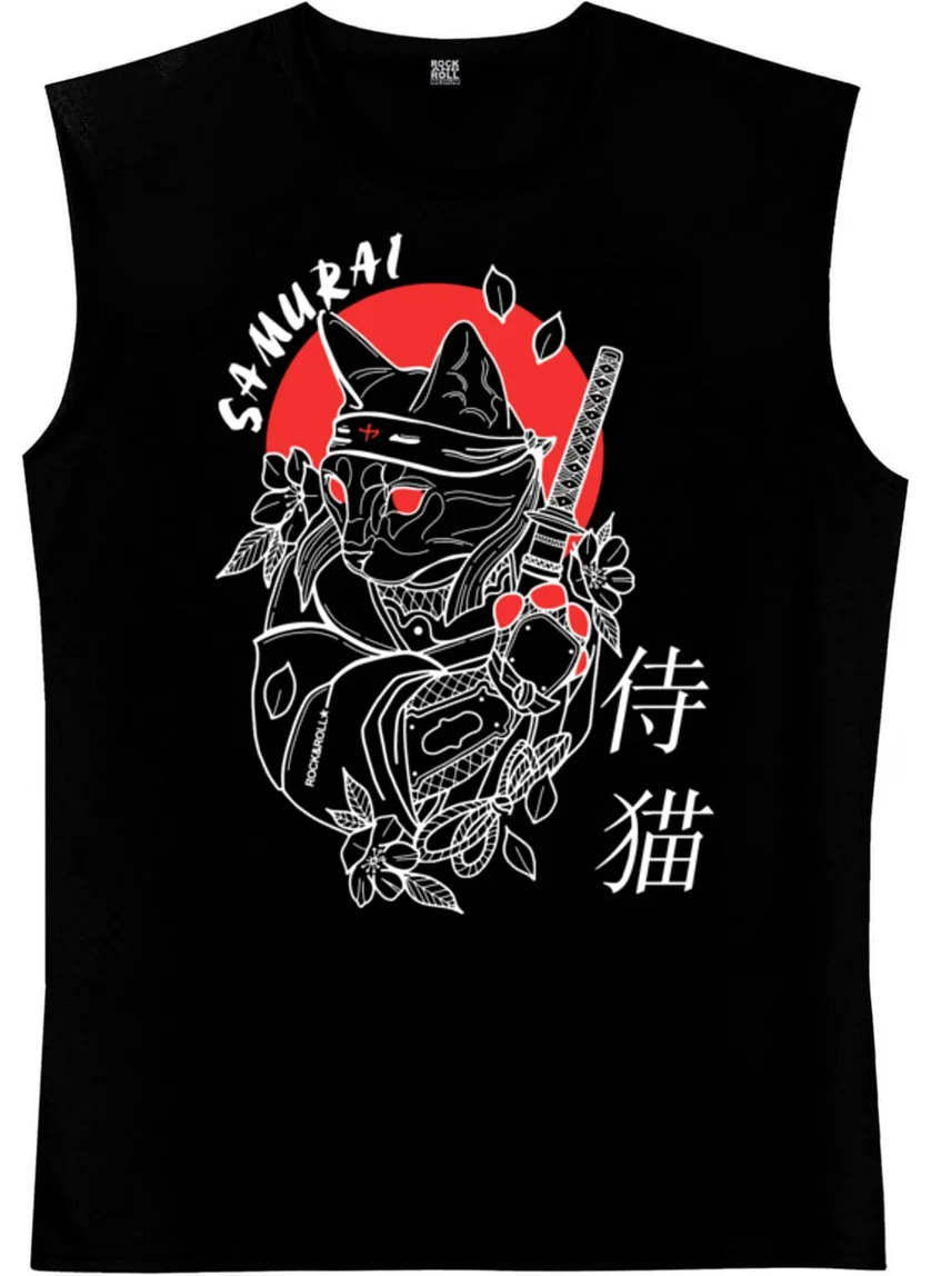 روك اند رول Cat Samurai Black Cutaway Sleeve | Sleeveless Men's T-Shirt | Athlete