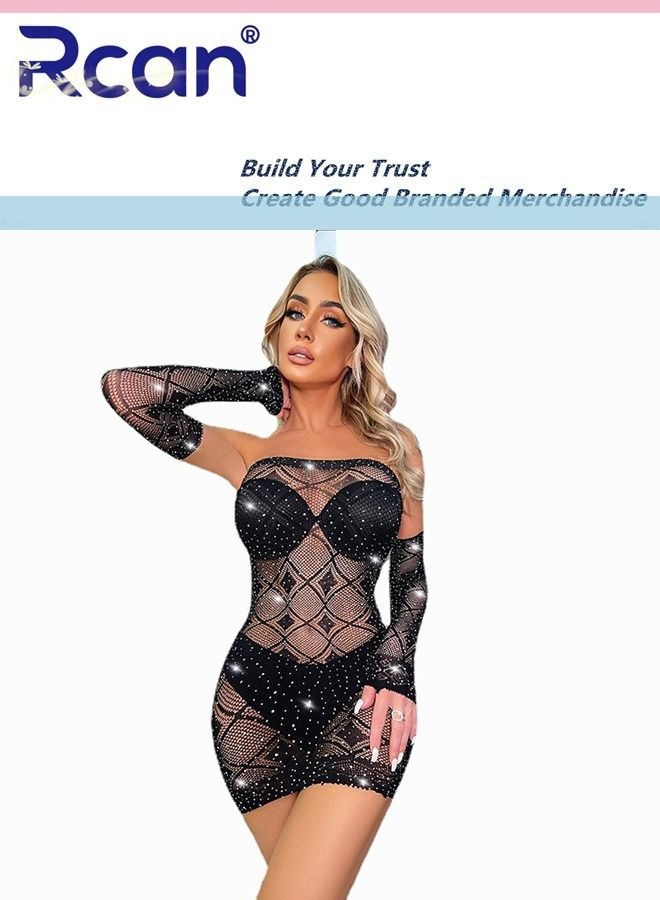 Rcan Lingerie for Women Stretchy Hollow Out Long Sleeve Dress Bodysuit Babydoll Exotic Underwear Nightwear Ladies Boudoir Outfits Clubwear Free Size - Image 2