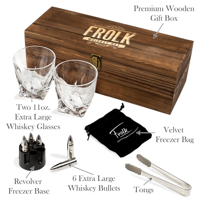 Frolk Whiskey Chillers Premium Gift Set by Frolk, Set of 6 Extra Large Stainless Steel Whiskey Stones, 2 Large Twisted Whiskey Glasses (11 oz), Freezer Base, Velvet Pouch & Tongs in Novelty Wooden Box - Image 2