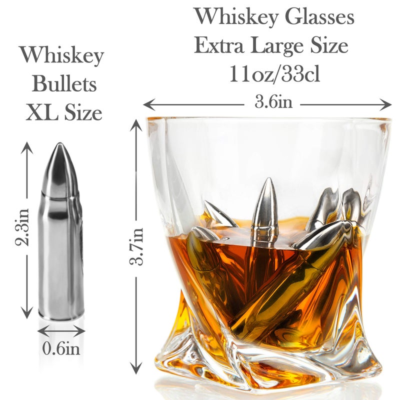 Frolk Whiskey Chillers Premium Gift Set by Frolk, Set of 6 Extra Large Stainless Steel Whiskey Stones, 2 Large Twisted Whiskey Glasses (11 oz), Freezer Base, Velvet Pouch & Tongs in Novelty Wooden Box - Image 3