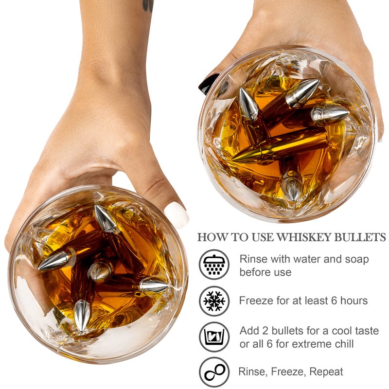 Frolk Whiskey Chillers Premium Gift Set by Frolk, Set of 6 Extra Large Stainless Steel Whiskey Stones, 2 Large Twisted Whiskey Glasses (11 oz), Freezer Base, Velvet Pouch & Tongs in Novelty Wooden Box - Image 4