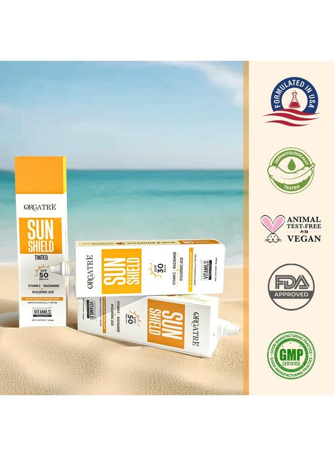 Orgatre Vitamin C Bright Face Sunscreen SPF 50 PA++++ Tinted for Oily & Dry Skin | Lightweight, No White Cast | With Niacinamide & Hyaluronic Acid | UVA/UVB Defense | Water Resistant, Non-Greasy | 100gm - Image 4
