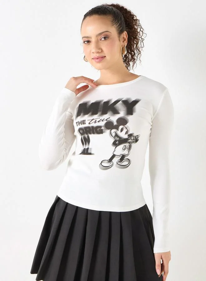 Mickey Mouse Print T-shirt with Long Sleeves