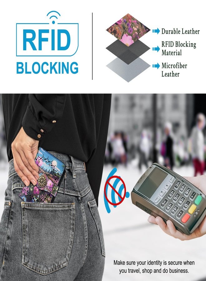 Tipmile Small Wallet Women Coin Pocket Bifold RFID Blocking Card Holder Leather Wallets with Zipper, Boho Floral, Small, Casual - Image 3