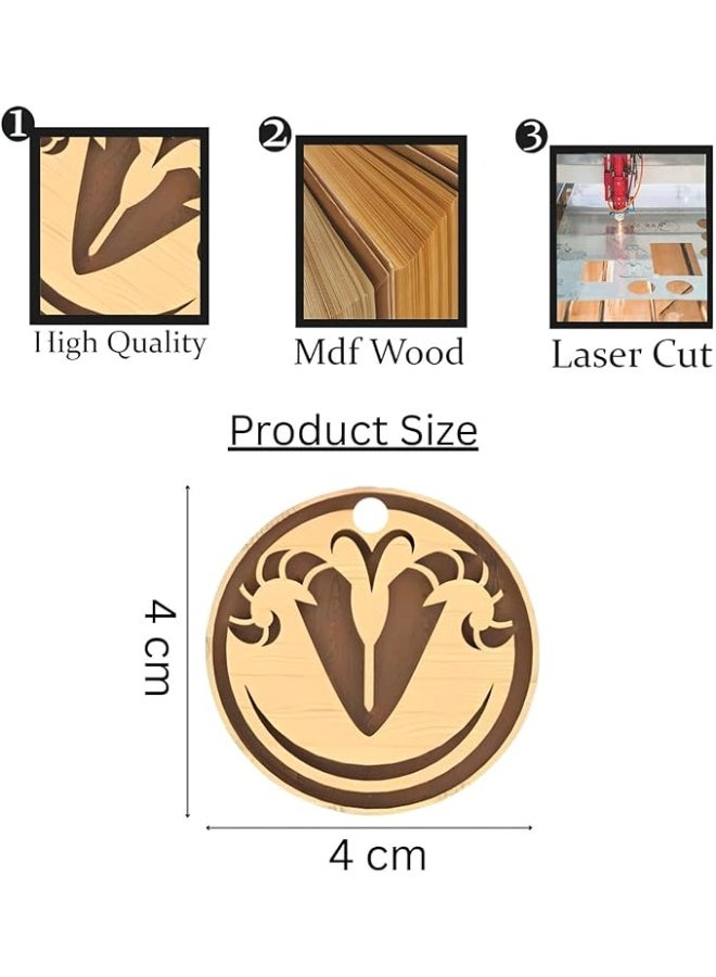 سلسلة مفاتيح خشبية مزخرفة بتصميم زهور دائرية، بلونين بني وبيج، قطر 4 سم، 4 قطع - Image 4