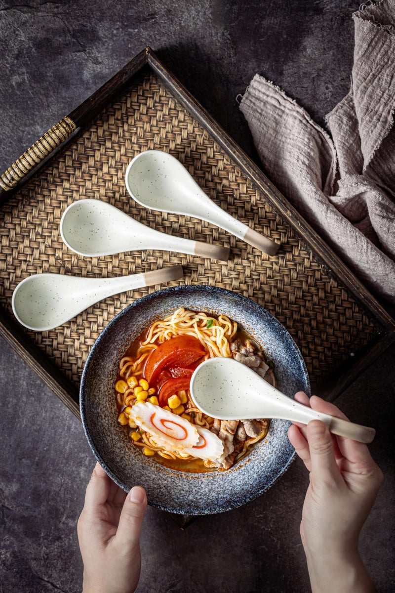 LYEOBOH 6 Pieces Asian Soup Spoons, Japanese Kitchen Soup Spoon Set, Dinner Tablespoons with Long Handle for Cereal, Ramen, Ice Cream, Dishwasher & Microwave Safe, Rustic Decor, White and Brown - Image 4