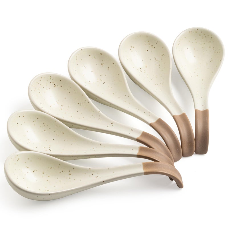 LYEOBOH 6 Pieces Asian Soup Spoons, Japanese Kitchen Soup Spoon Set, Dinner Tablespoons with Long Handle for Cereal, Ramen, Ice Cream, Dishwasher & Microwave Safe, Rustic Decor, White and Brown - Image 1