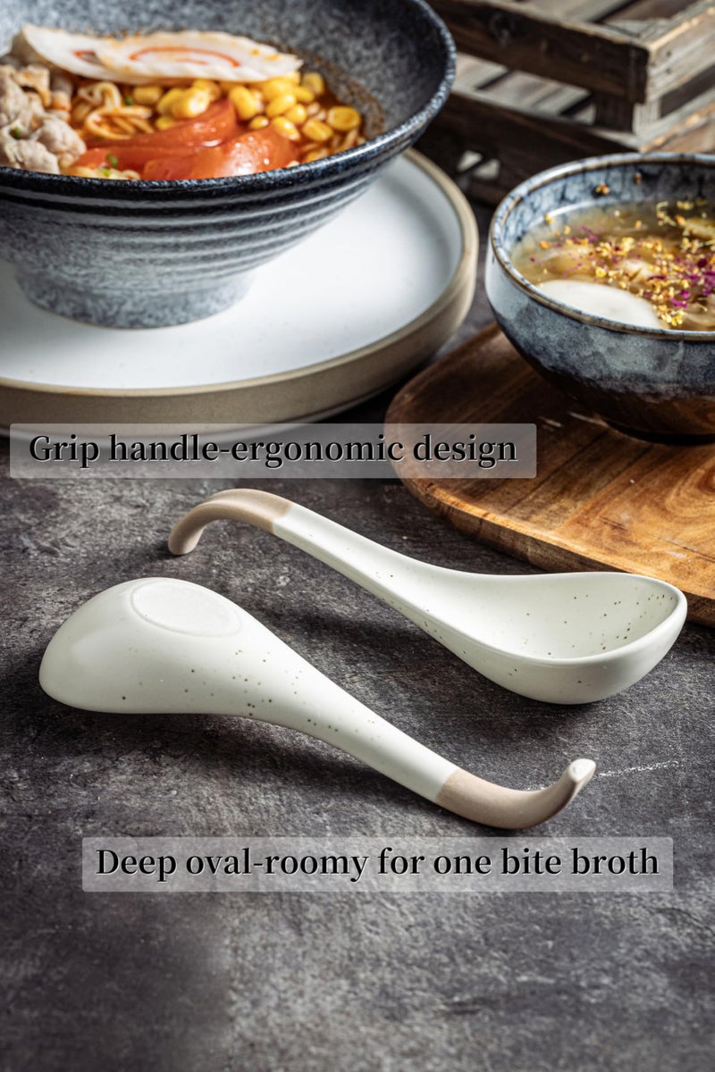 LYEOBOH 6 Pieces Asian Soup Spoons, Japanese Kitchen Soup Spoon Set, Dinner Tablespoons with Long Handle for Cereal, Ramen, Ice Cream, Dishwasher & Microwave Safe, Rustic Decor, White and Brown - Image 3