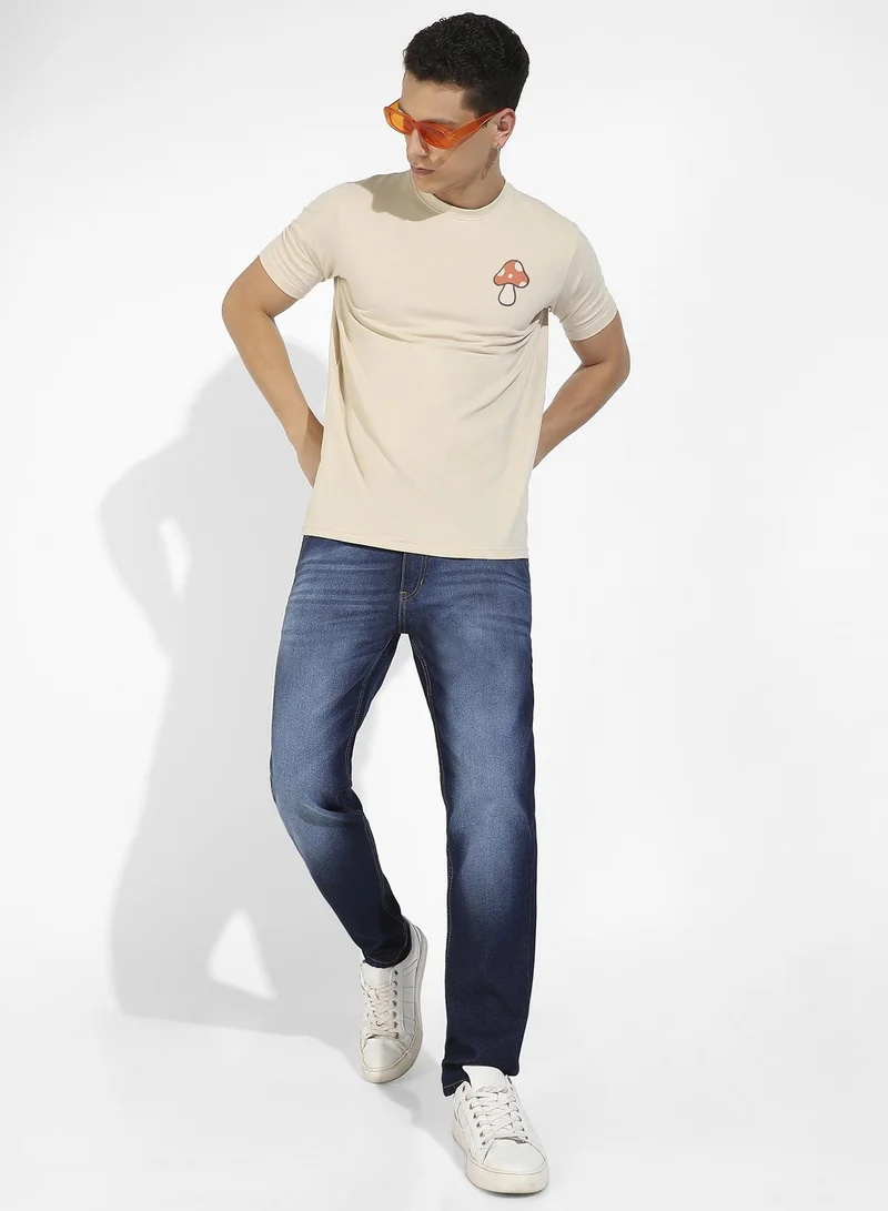 Campus Sutra Men's Beige Basic Regular Fit T-Shirt