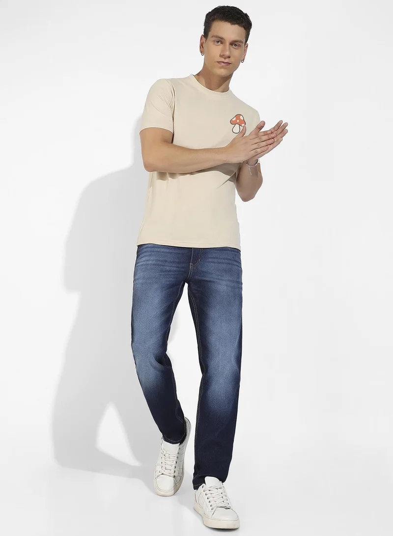 Campus Sutra Men's Beige Basic Regular Fit T-Shirt